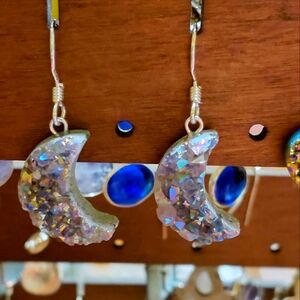 Amethyst Druzy Crescent Moon Dangle Earrings